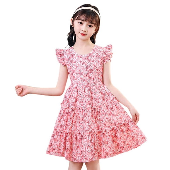Robes Petite Fille Manches à Volants Ligne A à Volants Robe d'Été Princesse Robe Florale pour Filles Robe de Fête