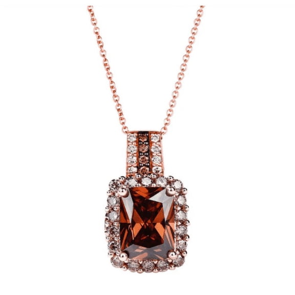 Radiant Cut Brown Diamond Halo Pendant Necklace in 14k Rose Gold Finish - Valentines Day Gift For Her