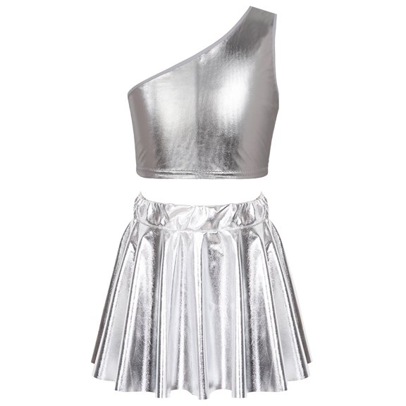 MSemis Girls Shiny Metallic Crop Top with Pleated Skirt,Size 3-14 Silver 13-14
