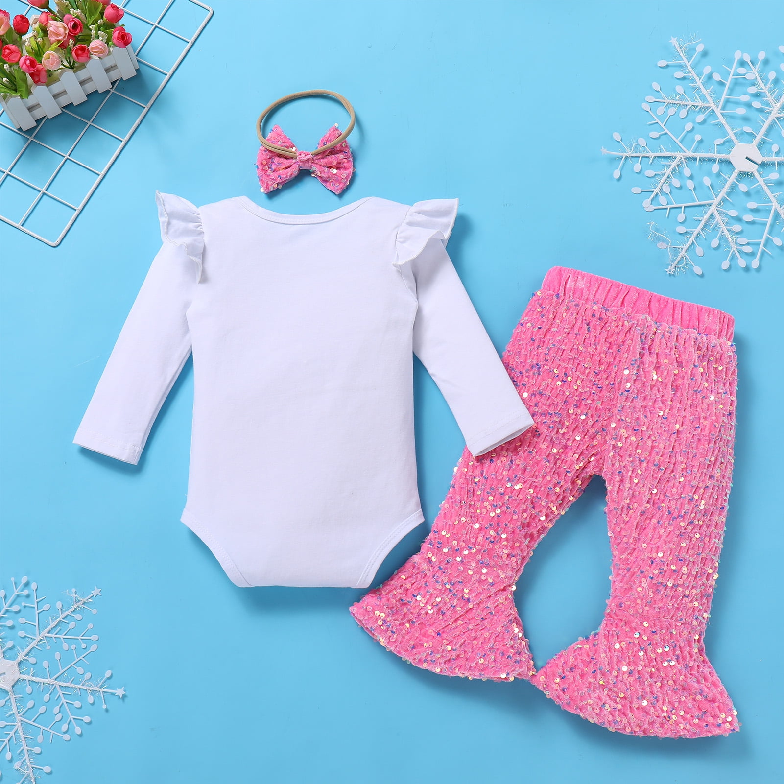IDOPIP Baby Girls First Birthday Outfit Winter Snowflake Onesie Romper+ Pink Sequin Pants Cake Smash Outfits