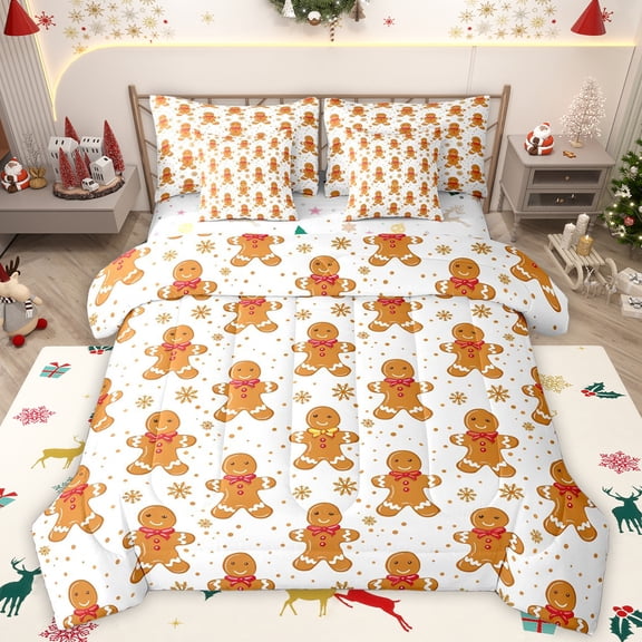 Manfei Cute Gingerbread Man 7-Piece Twin Bedding Sets,Merry Christmas Bedding Comforter Set,Gold Brown White Sheet Sets For Girtls Teens,Microfiber Bedroom Decor Reversible