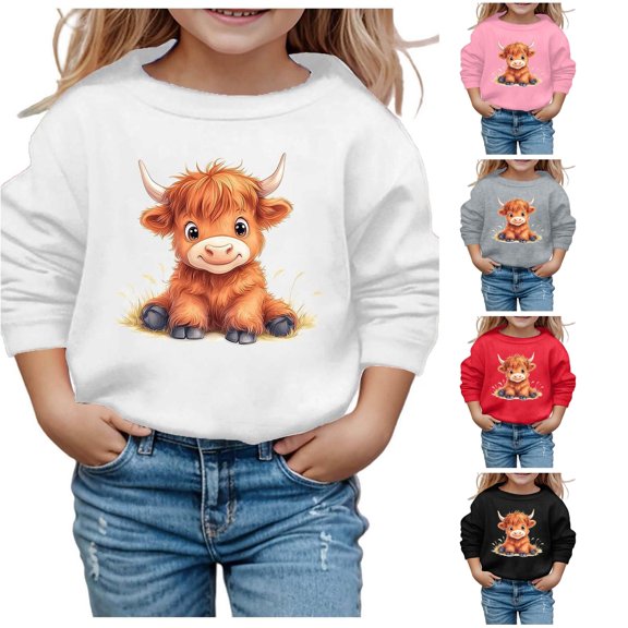Trendfront Girls Sweatshirts Crewneck Highland Cow Cute Graphic Long Sleeve Winter Casual Loose Fit Pullover Tops
