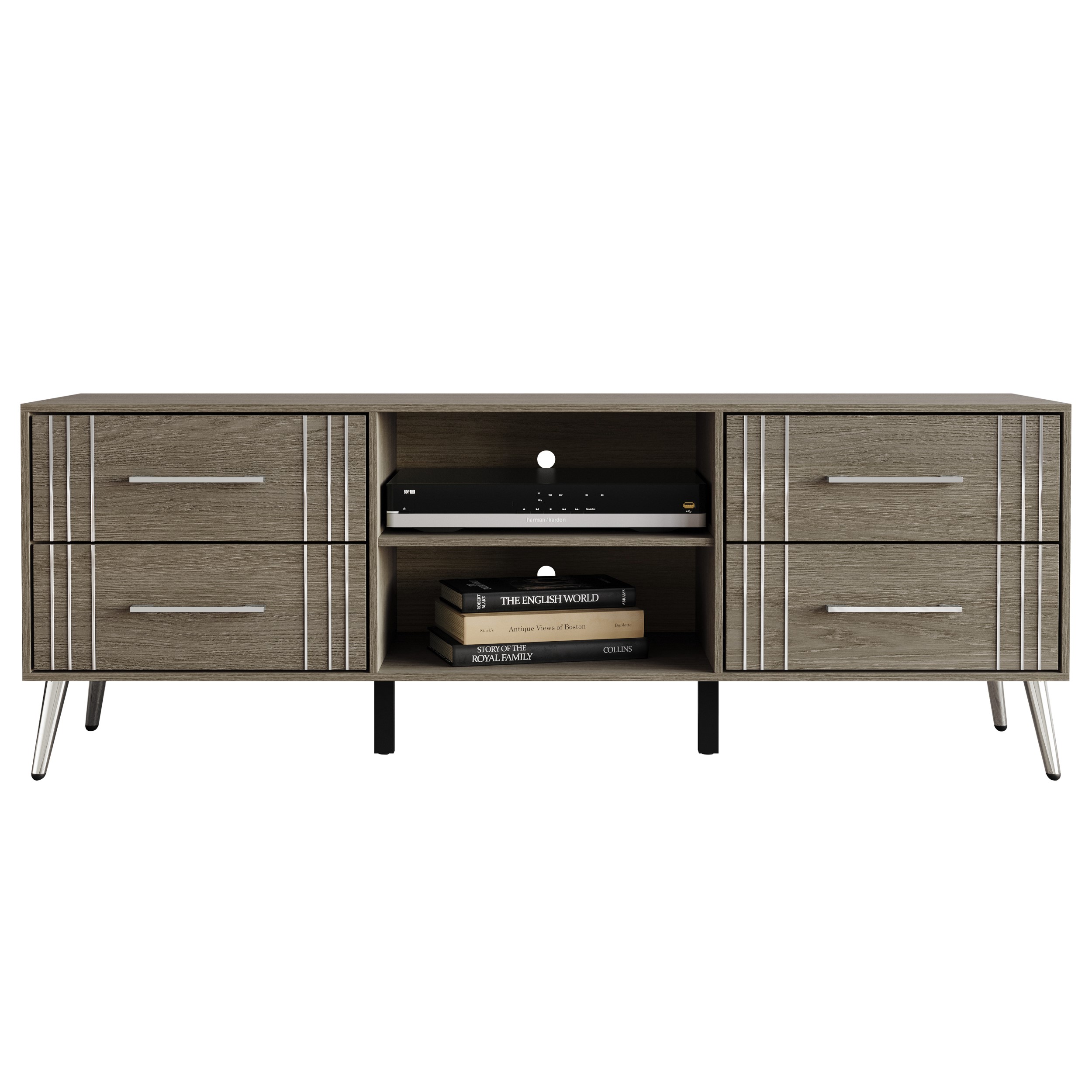 Home Design Ashwin TV Stand with Storage Shelves and Drawers, Gray, Easy Assembly