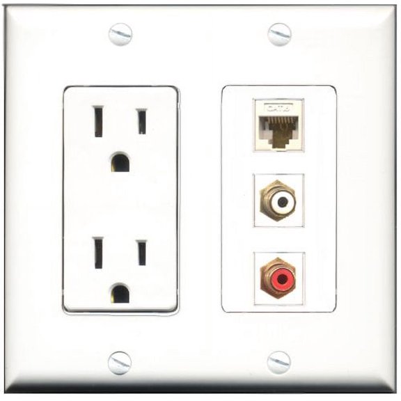 RiteAV - 15 Amp Power Outlet 1 Port RCA Red 1 Port RCA White 1 Port Cat6 Ethernet Ethernet White Decorative Wall Plate