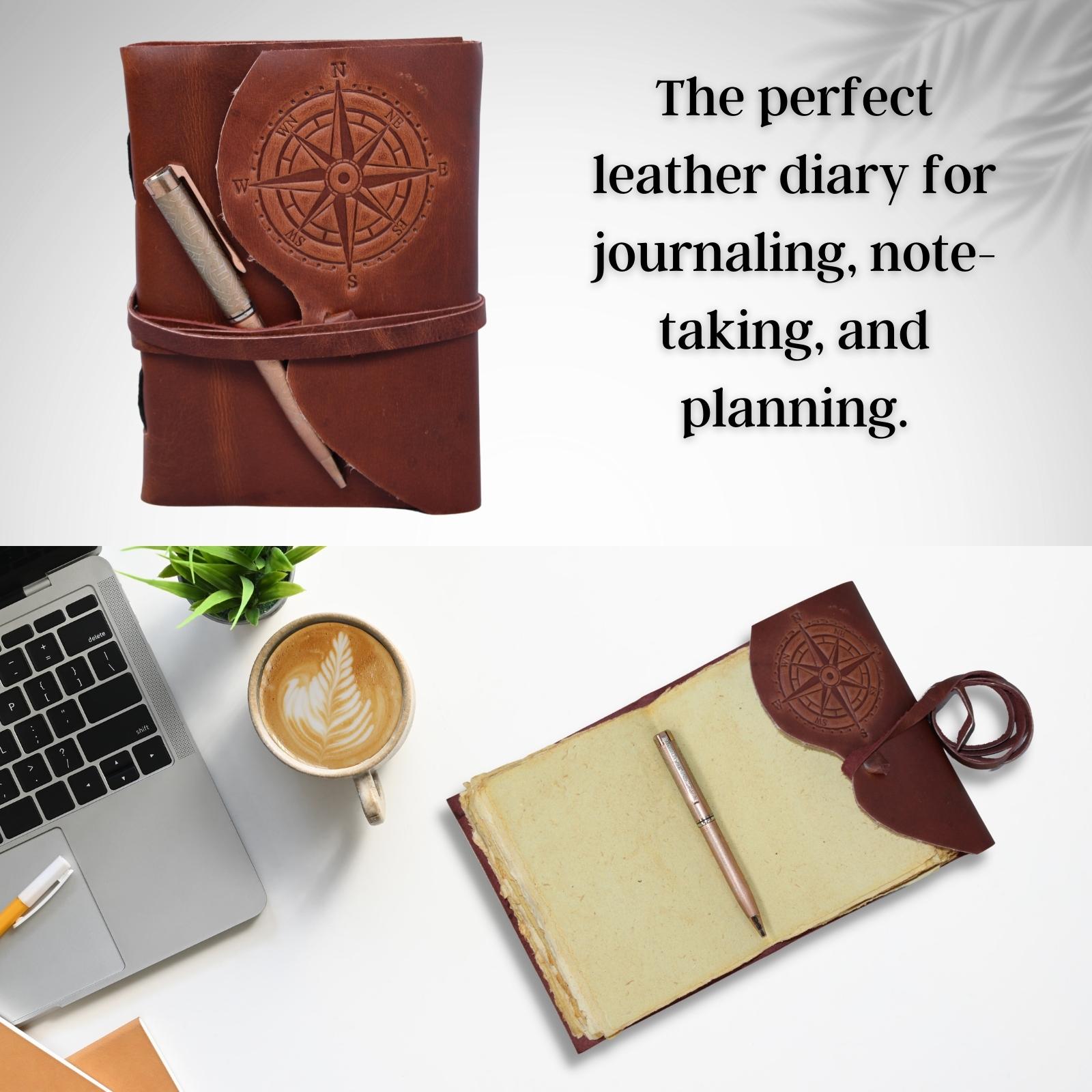 Compass Embossed Handmade Leather Diary Bound Writing Journal Notebook Diary Notepad Unlined Blank Paper Brown Sketchbook Drawing Journal