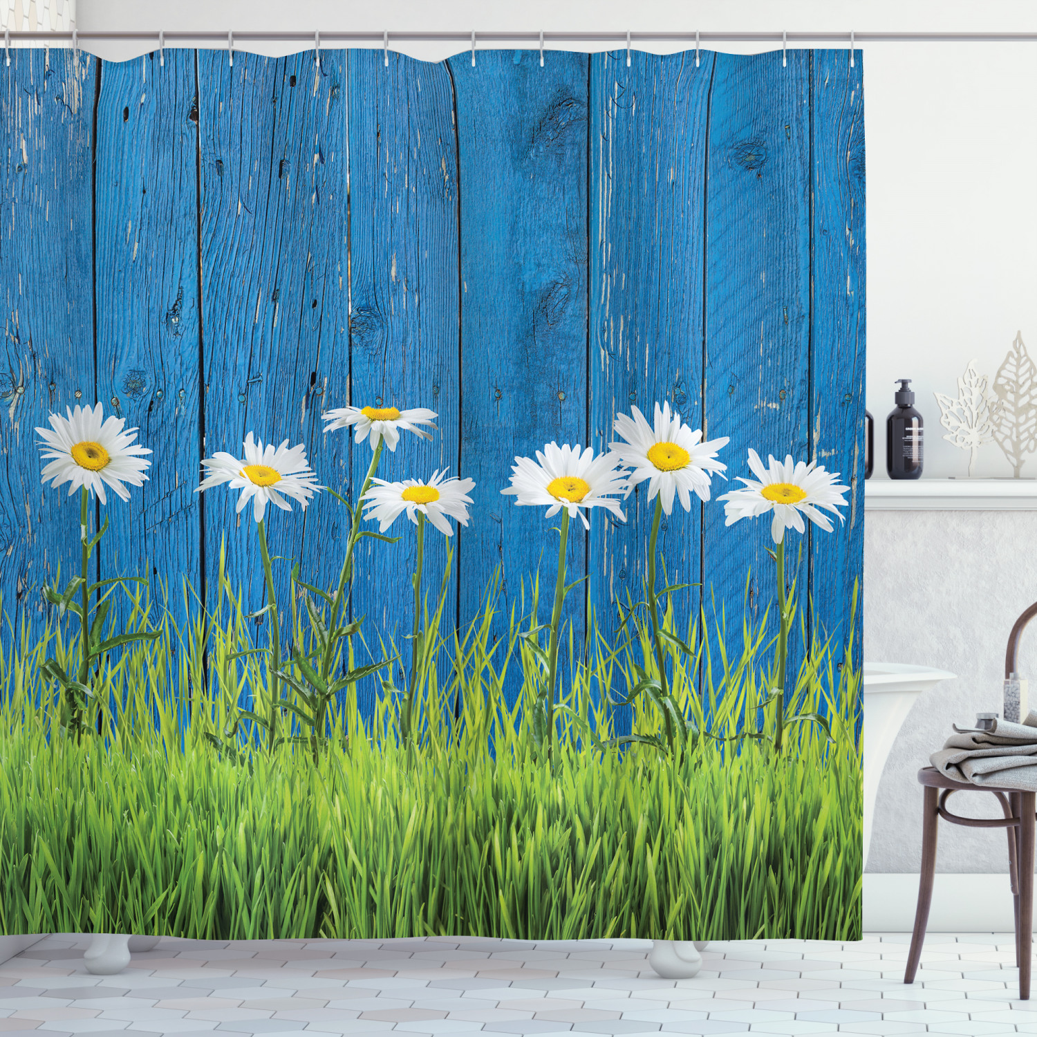 Flower Shower Curtain Spring Grass and Daisy Print for Bathroom