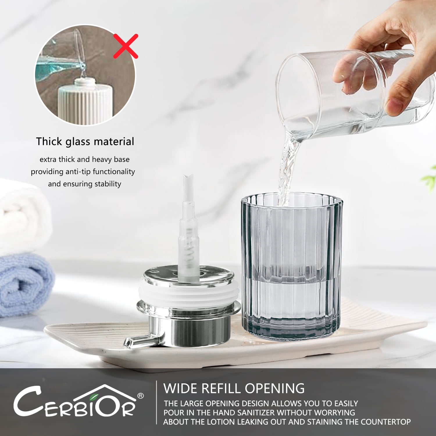 CERBIOR Bathroom Accessories Set, 4 Pcs Glass Bathroom Accessories Sets Complete w/Soap Dispenser, Soap Dish ,Toothbrush Holder,Tumbler, Bathroom Decor, Gift for Home Apartment, Silver Grey