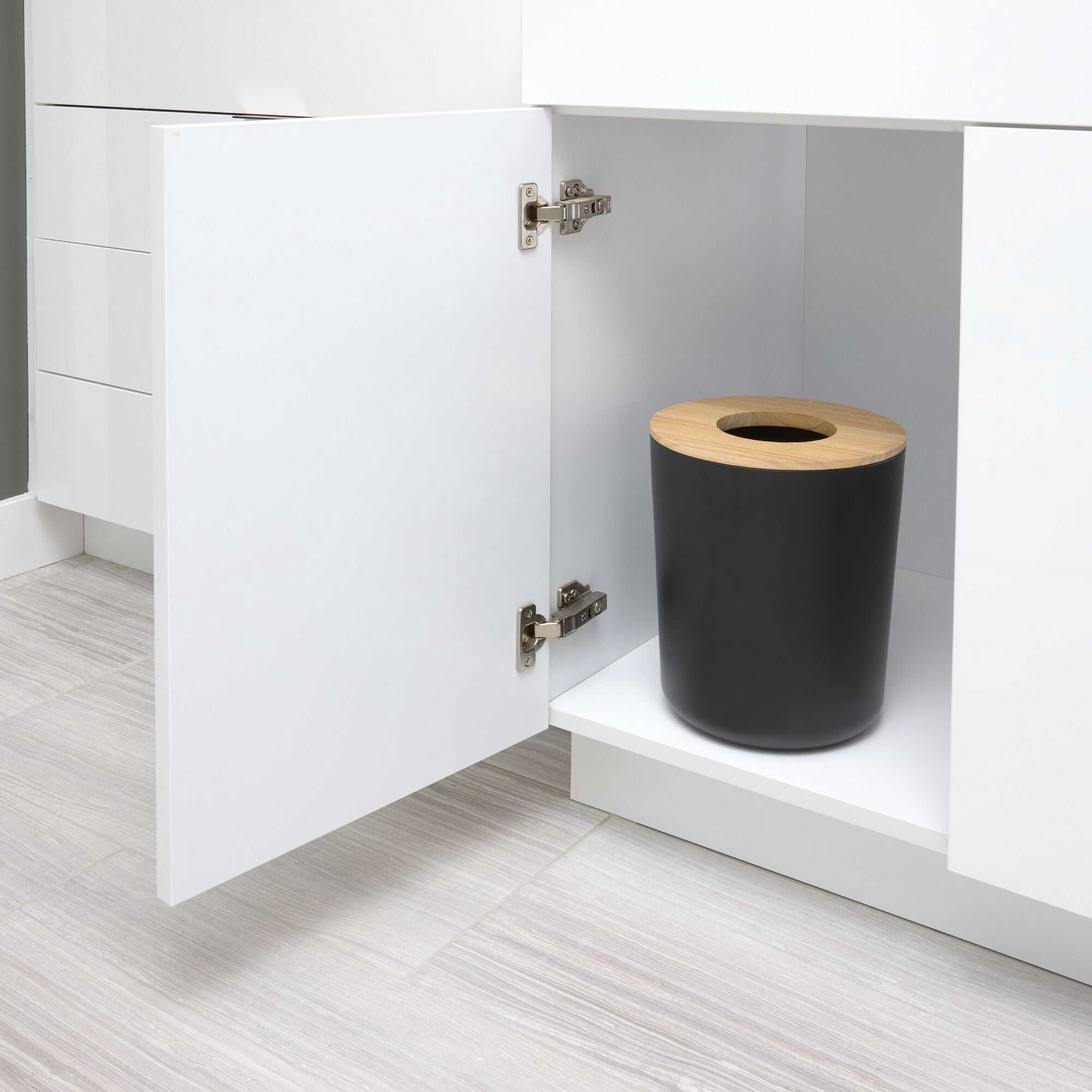 iDesign Bathroom Vanity Trash Can, 2.2 Gallon Round Steel and Wood Lid Garbage Bin, Black