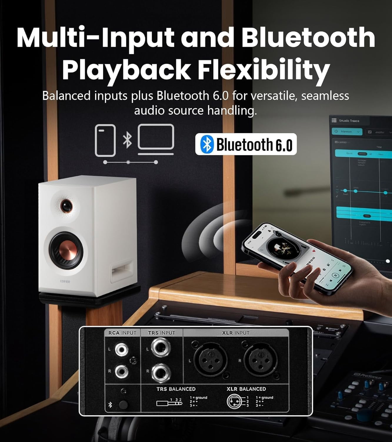 Restored Edifier MR5 2.0 Studio Monitor Bookshelf Speakers, 110W(RMS), Hi-Res Audio, Bluetooth 6.0, 3-Way Active Design, Room Compensation, XLR/TRS/RCA Inputs, Compact Size for Home Studio & Music