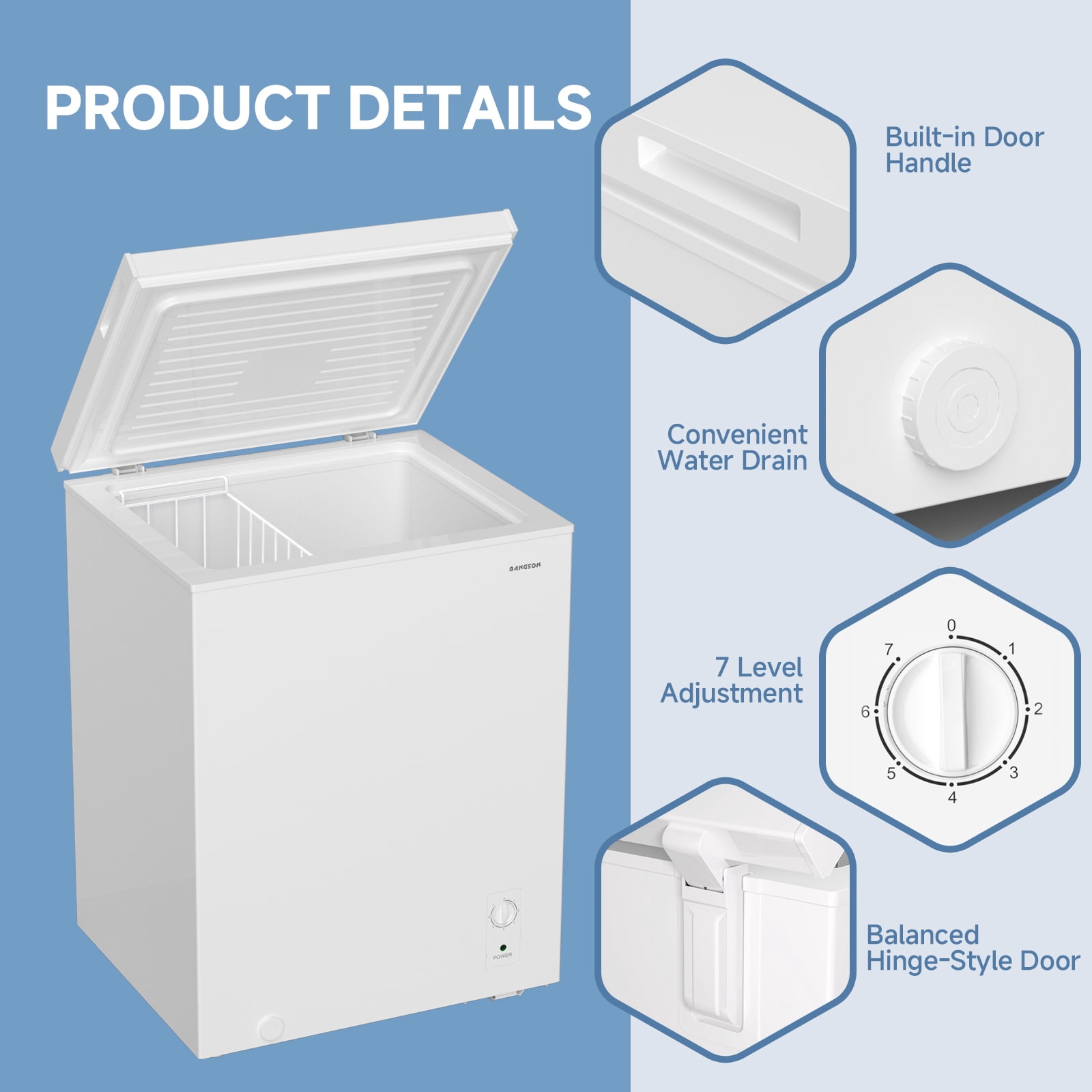 BANGSON Chest Freezer, Deep Freezer 5.0 Cu. Ft with Removable Basket, Adjustable Thermostat Mini Freezer, Ideal for Apartment/Kitchen/Office