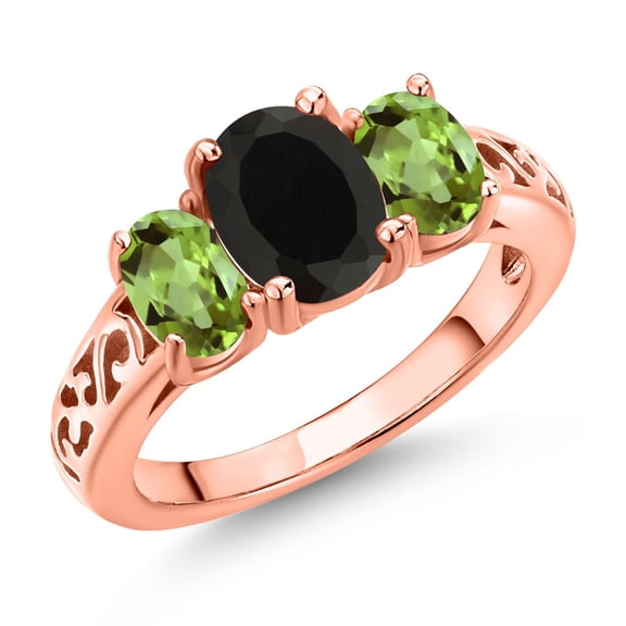 Gem Stone King 18K Rose Gold Plated Silver Black Onyx and Green Peridot Filigree Style 3 Stone Ring for Women (2.60 Cttw, Oval 8X6MM and 6X4MM) (Size 8)