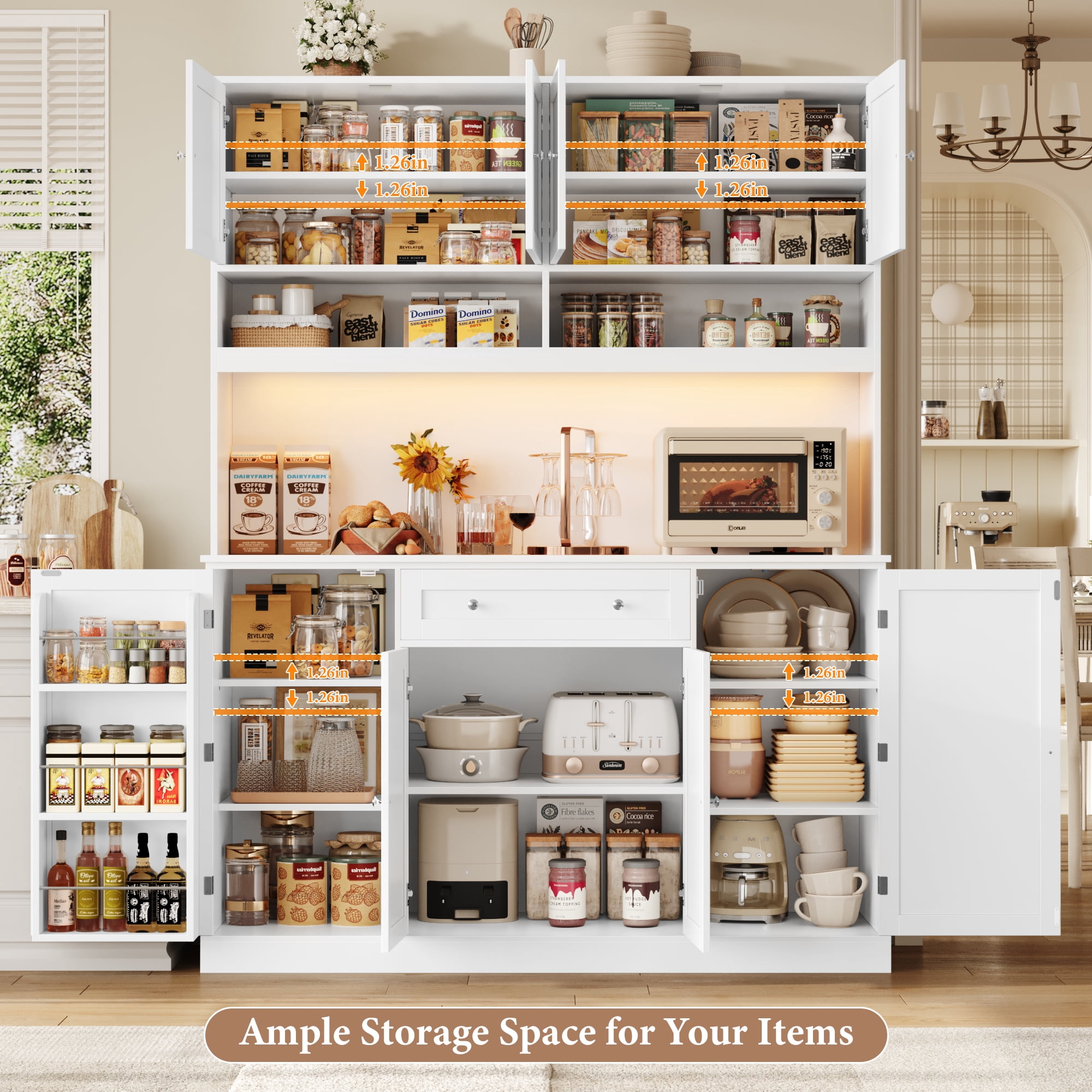 Homfa 72.8'' Tall Kitchen Pantry Cabinet with LED Lights & Charging Station, 8 Doors Storage Cabinet with Drawers & Shelves & Countertop, Kitchen Hutch with Adjustable Shelves for Dining Room, White