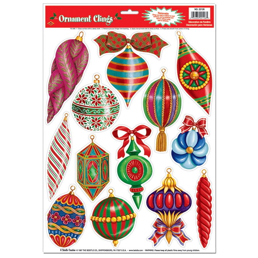Club Pack of 156 Christmas Ornament Window Clings Holiday Decorations