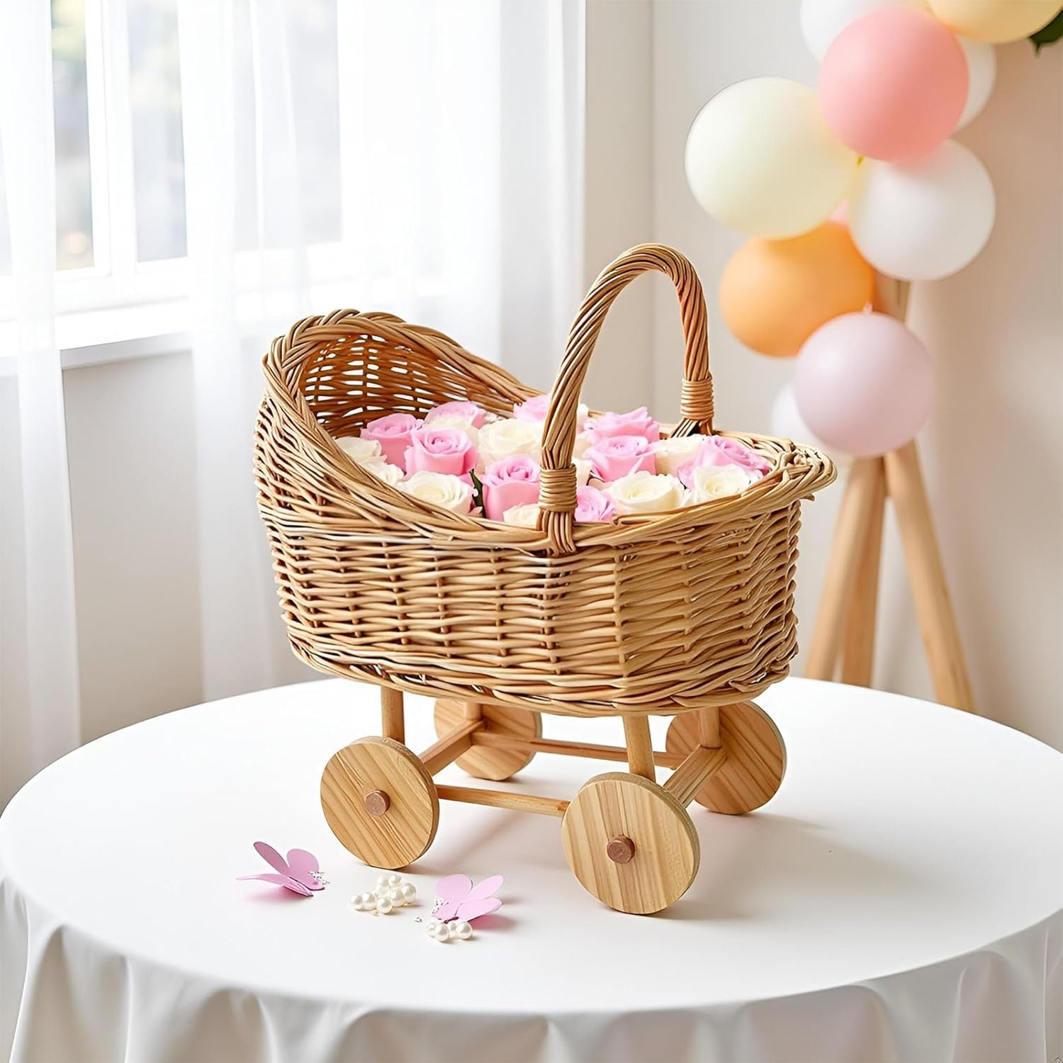 Handmade Wicker Flower Basket Woven Rattan Pushcart Planter Small Stroller Design Fruit Gift Box with Handle for Floral Arrangements Decor Wedding Baby Shower Centerpiece Candy Storage
