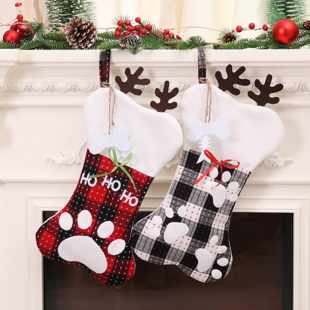 Pet Dog Christmas Stockings Set of 2, Buffalo Plaid Christmas Stockings Large Bone Shape Hanging 