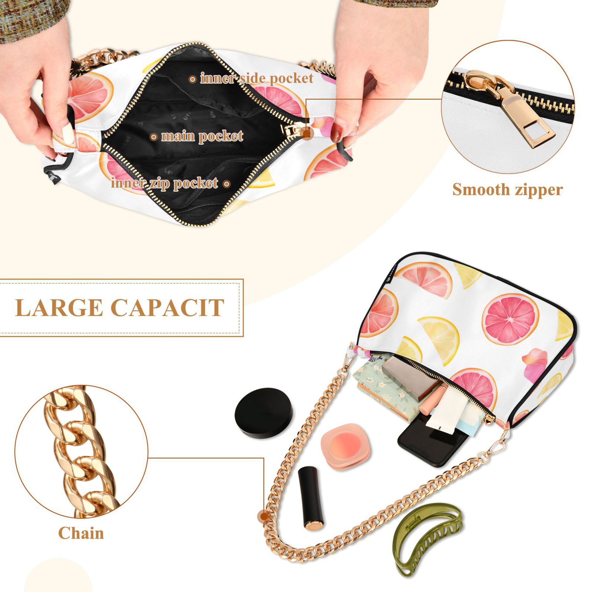FORMRS Womens Shoulder Bag with Chain Strap Clutch Purse Cute Tote Handbag, White Grapefruit Slices