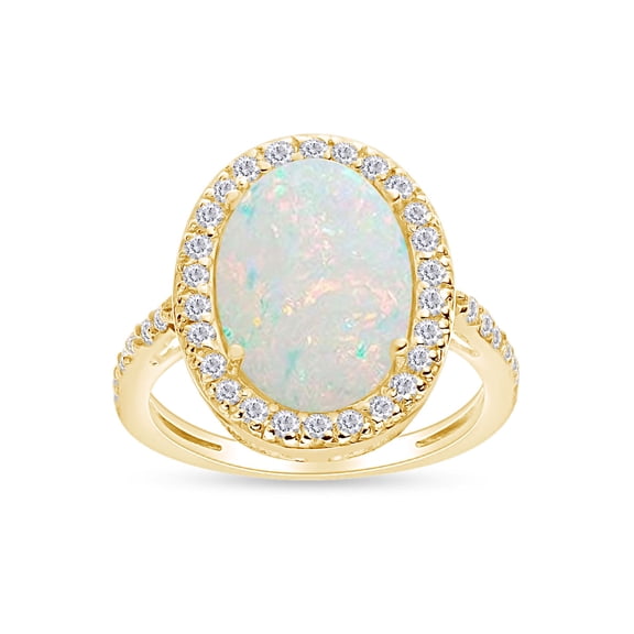 Oval Cut Lab Created Opal & Sparkling White Cubic Zirconia Halo Engagement Ring In 14k Yellow Gold Over Sterling Silver Jewelry For Women