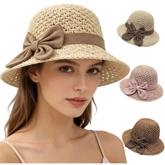 Helii Women's Hollow Out Woven Sun Hat – Adjustable Wide Brim Straw Beach Hat with Bow, Foldable UV Protection Packable Summer Bucket Hat for Travel Vacation Khaki,One Size