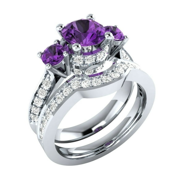 Bluebell Jewels Wedding Bridal Ring Set 14K White Gold Finish Round Cut Purple Cubic Zirconia