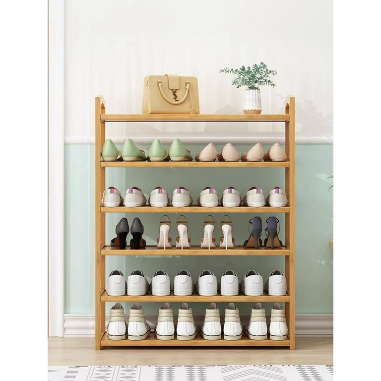 Bonzy Home Shoe Rack Storage Organizer for Entryway, 6-Tier Bamboo Solid  Wood Shoe Shelf with Storage Shelf and Removable Hooks, Free Standing  Storage