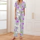 thumbnail image 1 of Pijama de manga corta con estampado fino y pantalones largos con solapa para mujer, top y pantalones de poliéster., 1 of 5