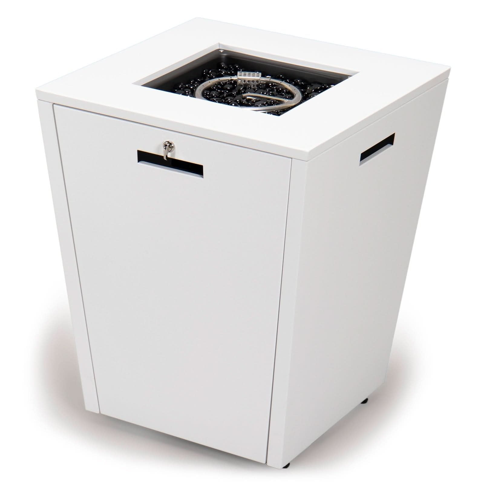LeisureMod Chelsea 32" Propane Gas Fire Pit Table, White Steel CSA-Certified Outdoor Firepit with Tempered Glass Wind Guard & Lid – Patio Heater for Backyard or Garden