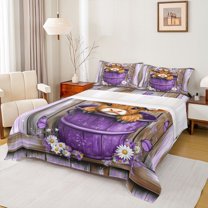 Homewish Cute Little Cow Queen Sheet Sets for Teen, Rustic Farmhouse Animal Flat Sheet, Purple Wooden Plank Queen Fitted Sheet, Lightweight Room Decor, 4-Piece