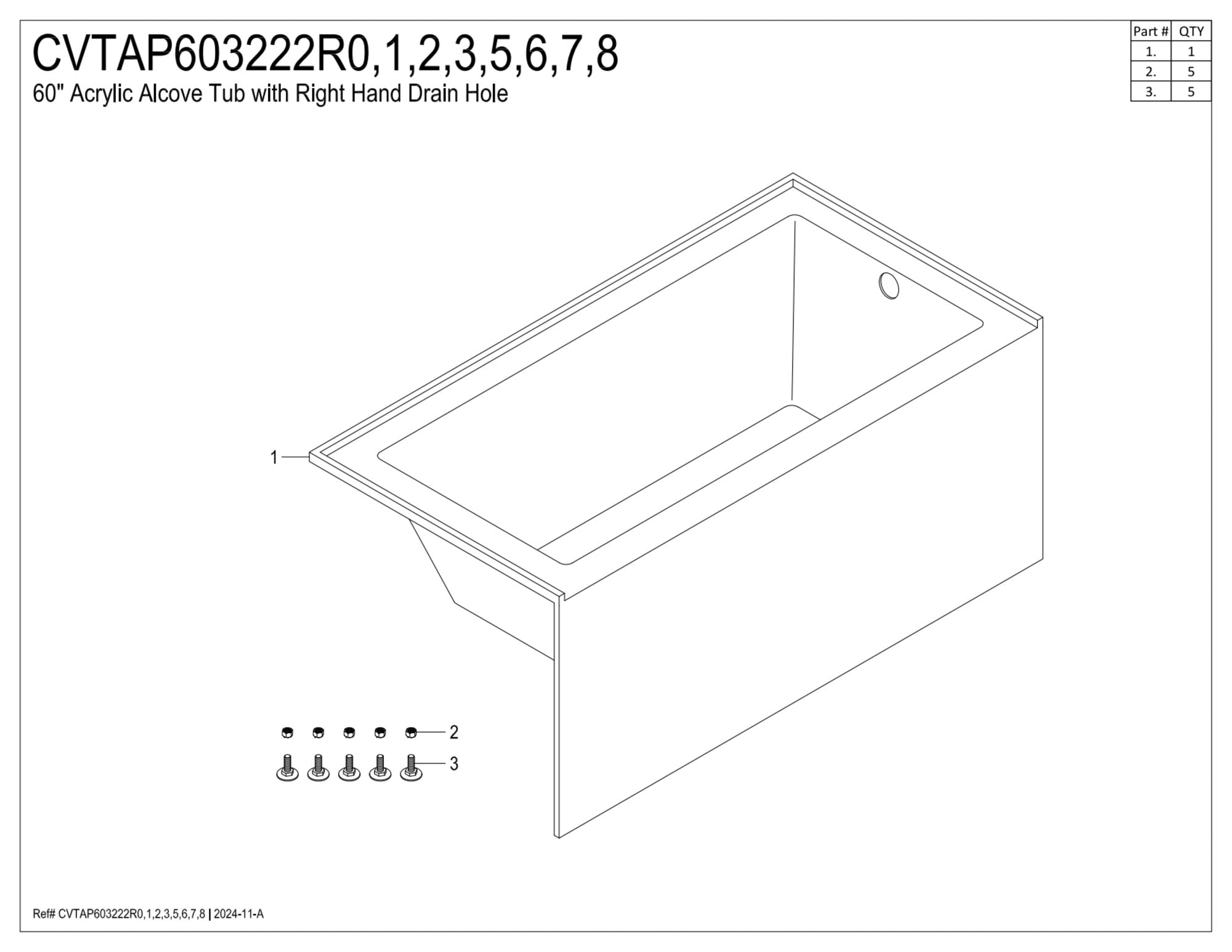 Aqua Eden CVTAP603222R7 60" Acrylic Rectangular 3-Wall Alcove Tub, Right Hand Drain, Glossy White/Brushed Brass