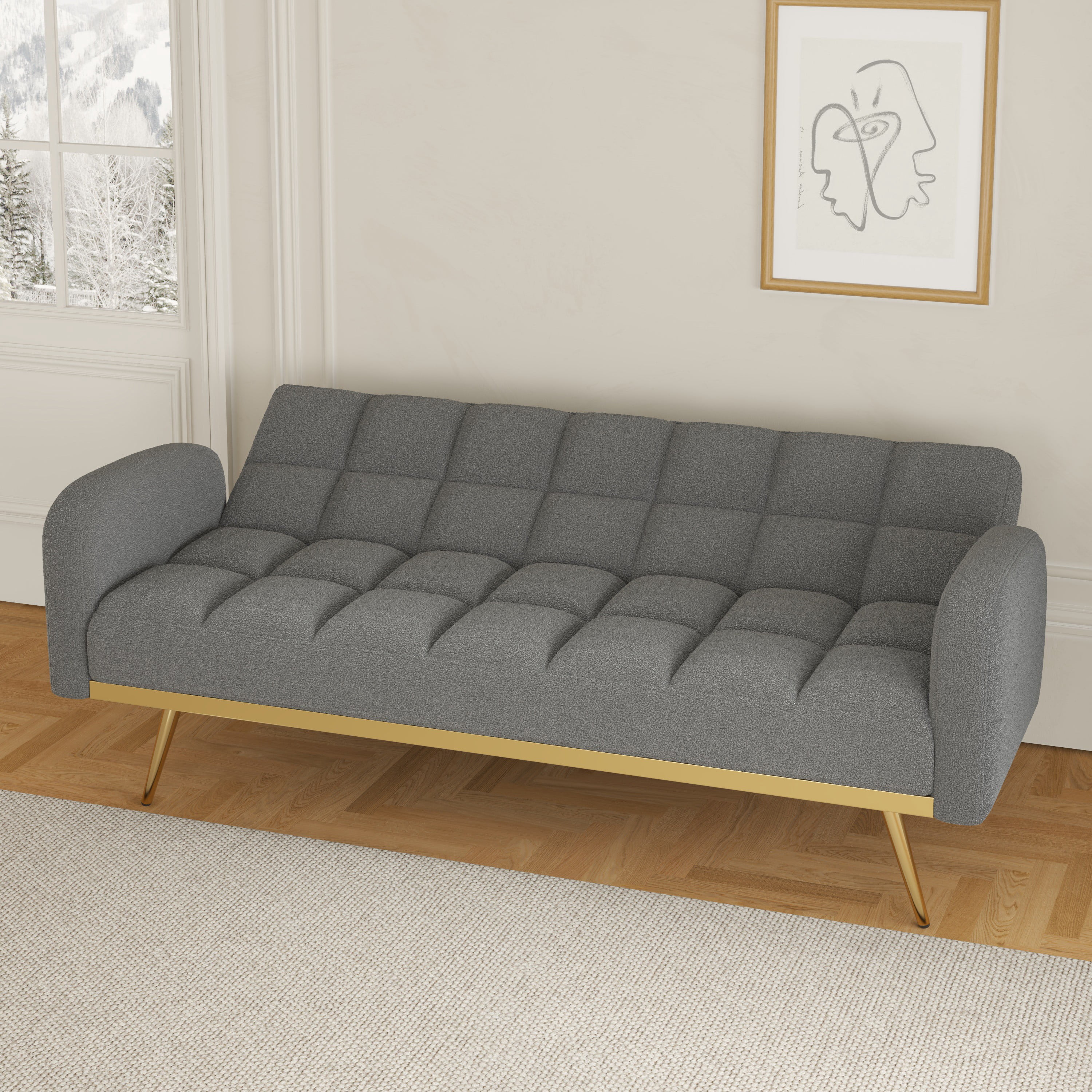 Bianlte Teddy Fleece Futon Sofa Bed Modern Wood Adjustable Reclining Couch with Pillows, Gray/Gold