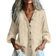 thumbnail image 2 of Nmnitkp Long Sleeve Shirts for Women Cotton Linen Button Down Shirt Stand V Neck Roll Up Long Sleeve Loose Fit Casual Blouse for Fall Work Daily Loungewear Beige,S, 2 of 7