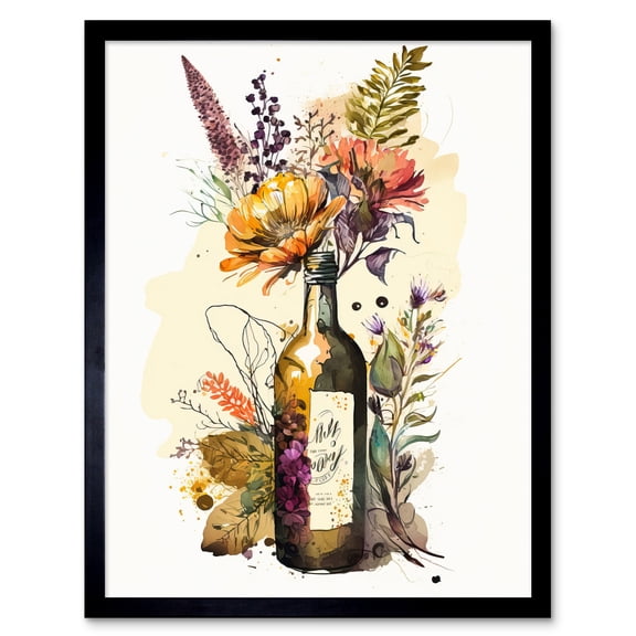 Wildflower Bouquet in Upcycled Glass Wine Bottle Art Print Framed Poster Wall Decor 12x16 inch