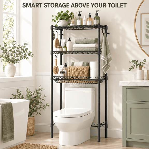 Over the Toilet Storage Shelf 26.97 Inch Wide Black Metal Bathroom Organizer with Toilet Paper Holder and 8 S Hooks