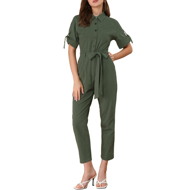 INSPIRAR CHIC Mono de Mujer de Manga Corta con Cuello, Botones, Cintura Ajustable, de Algodón, Estilo Cargo, 2XL Verde