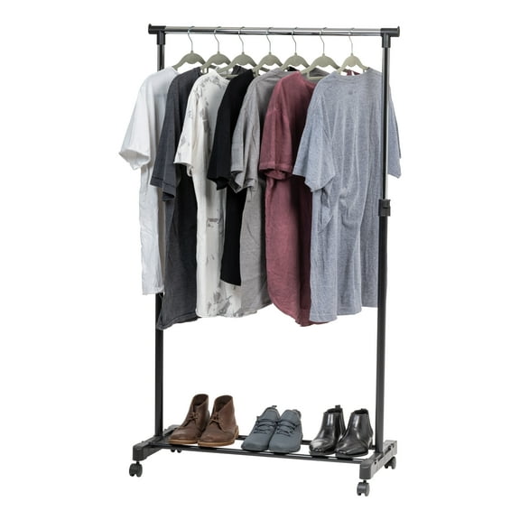 IRIS Portable Single-Rod Height Adjustable Clothes Rack with Lockable Wheels, Rolling Garment