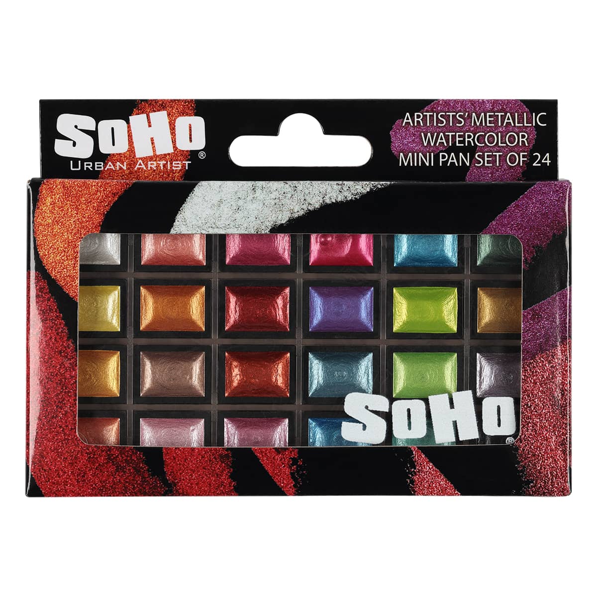 SoHo Urban Artist Mini Pan Metallic Watercolor Set of 24 – Luminous Shimmering Mini Pans, Professional Watercolor Paint Set in Clear Plastic Case, Semi-Moist Watercolor Pans for Easy Color Lift