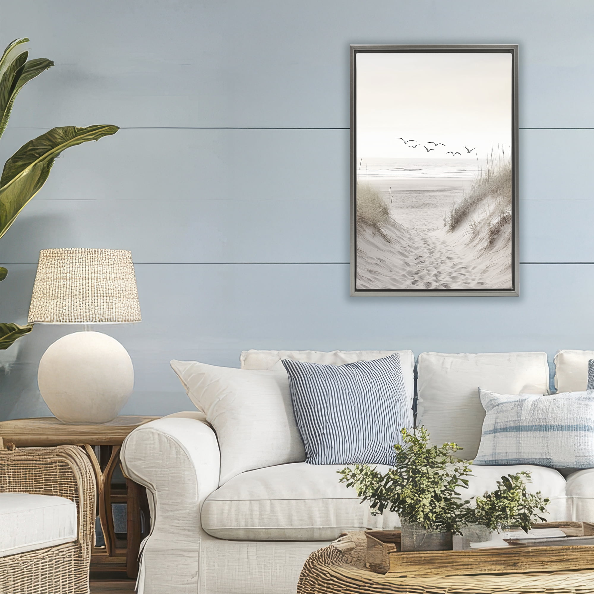 Seagulls over Sandy Footprints Gray Framed Floater Canvas Wall Art, design by Decent Exposures