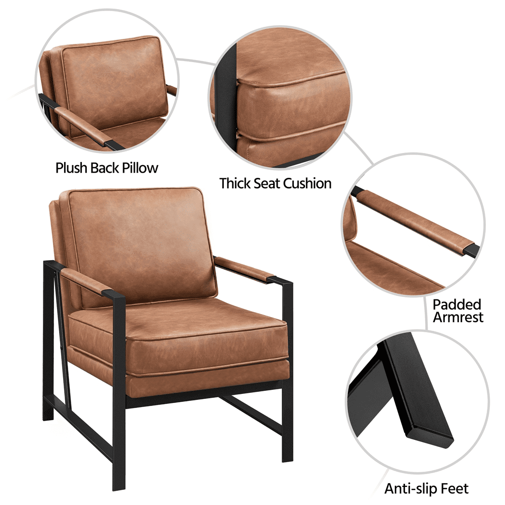 Alden Design Mid-Century Modern Accent Chair with Metal Frame, Light Brown Faux Leather
