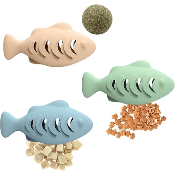 3 Pcs Cat Treat Toys, Fish Shape Food-Grade Silicone Meal Dispenser, Used with Food or Catnip for Kitten, Interactive Cat Toy
