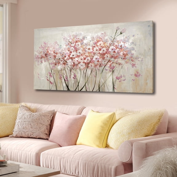 Pink and Beige Floral Canvas Wall Art, Modern Wall Decor for Living Room, Bedroom, Kitchen, Office, Ready to Hang, 24 x 48 Inch