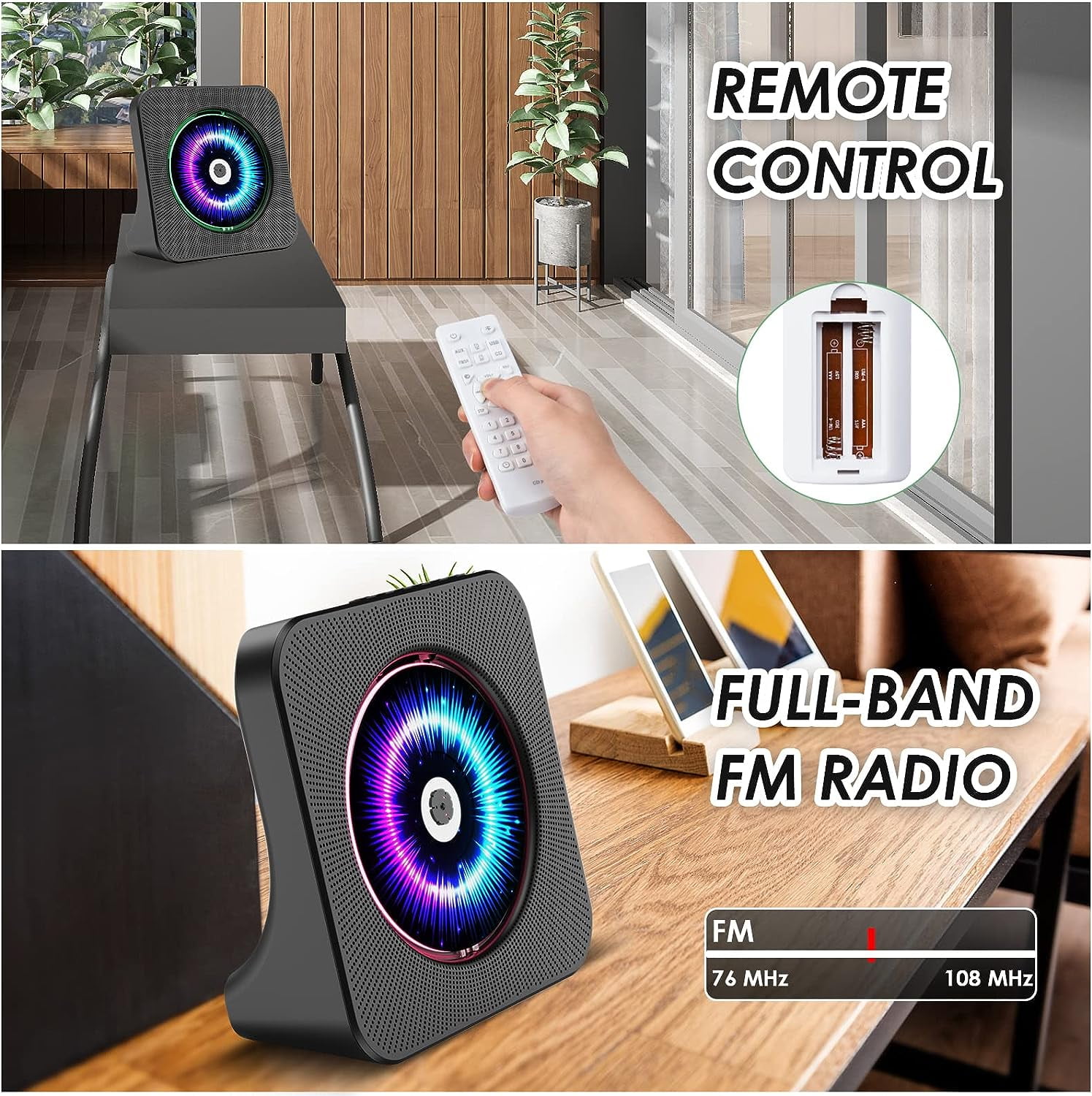 CD Player Portable Bluetooth Desktop 4000mAh Rechargeable CD Player with Remote Control for Home CD Player with Timer HiFi Speakers Dust Cover LCD Screen Display FM Radio-Black