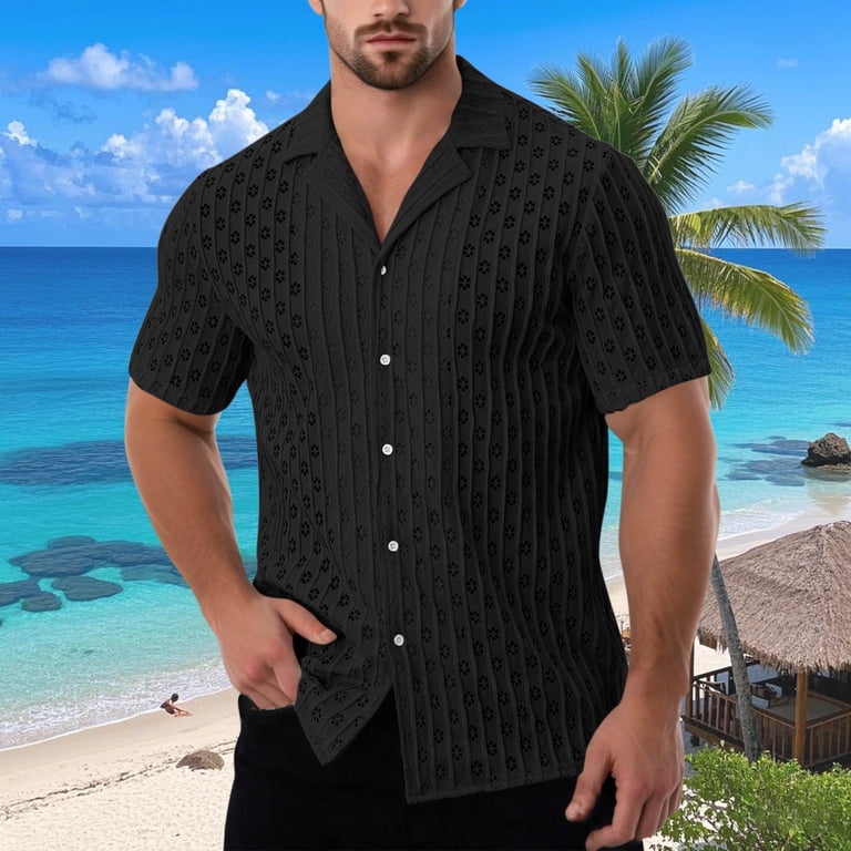 mens eyelet collar dress shirts Vsssj Men's Eyelet Button Down Shirt Hollow Out Short Sleeve Vintage Shirts V Neck Lapel Collar Loose Summer Casual Beach Tops Black S, Size: Small