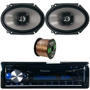 Pioneer DEH-X5000BT Single DIN CD Player Bluetooth USB AUX Radio Car Receiver Bundle Combo with 1 Pair (QTY 2) of 6x8" Coaxial 2-Way 300 Watts Peak Power Car Audio Speakers, 16 Gauge Speaker Wire