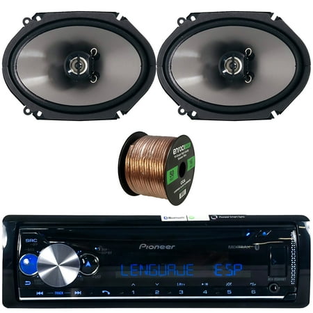 Pioneer DEH-X5000BT Single DIN CD Player Bluetooth USB AUX Radio Car Receiver Bundle Combo with 1 Pair (QTY 2) of 6x8" Coaxial 2-Way 300 Watts Peak Power Car Audio Speakers, 16 Gauge Speaker Wire