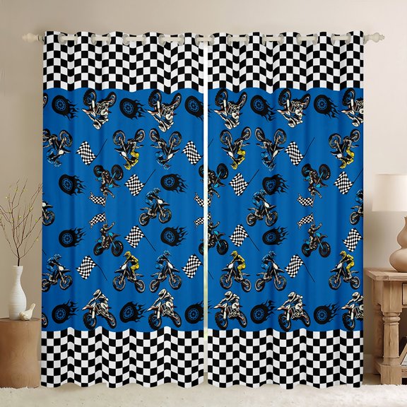 Feelyou Teens Blue Dirt Bike Blackout Curtains Set of 2 (52x84 Each), Motorcycle Extreme Sport Window Curtains, Black White Buffalo Curtains and Drapes, Blackout Curtains Bedroom Decor