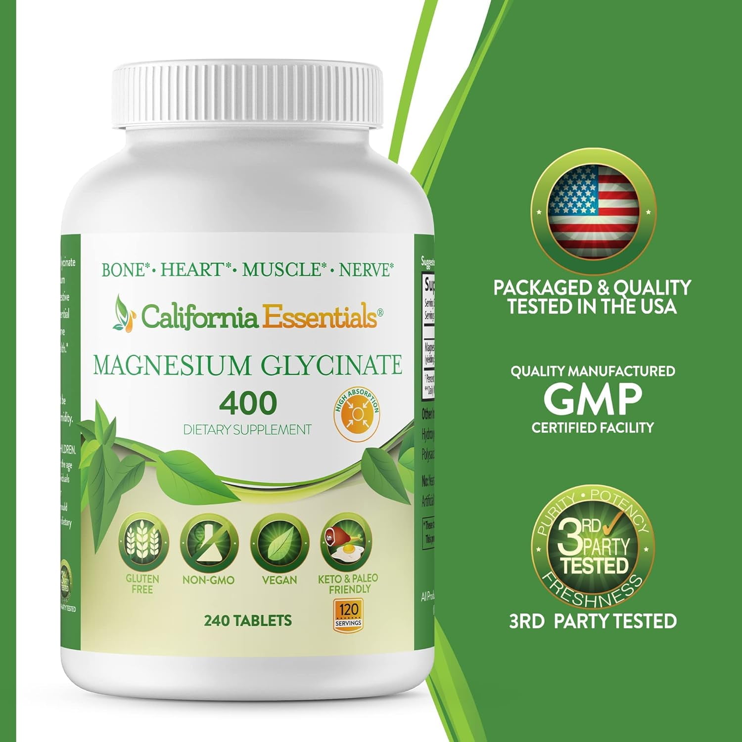 California Essentials Magnesium Glycinate 400 mg - Supports Muscle Relaxation, Bone Health & Stress Relief - Vegan Dietary Supplement (240 Tablets)