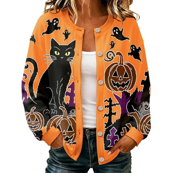 ZHOGXU Halloween Theme Knit Cardigan For Women Black Cat Pumpkin Print Button Front Sweater Jacket Trendy,Vacation,Orange,XXL