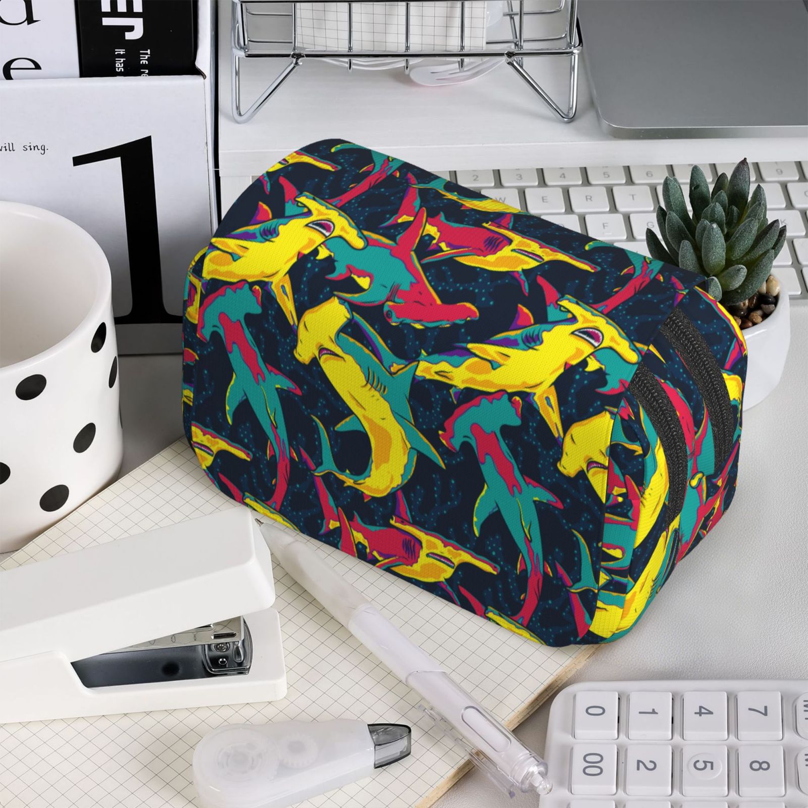 Rateoe Colorful Sharks Pattern Double Clamshell Pen Case, Storage Organizer with Two Zipper Compartments– Holds Up to 50 Pencils & Pens
