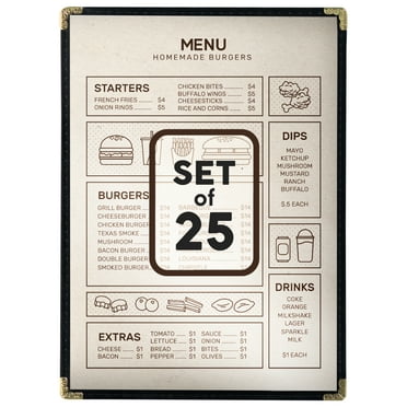 25 Restaurant Menu Covers 8.5'' x 11'', Single Pocket Menu Holder with Golden Corners
