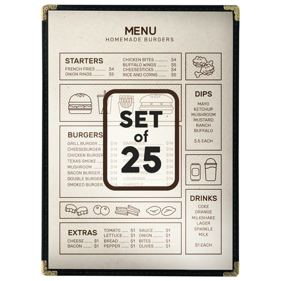 25 Restaurant Menu Covers 8.5'' x 11'', Single Pocket Menu Holder with Golden Corners