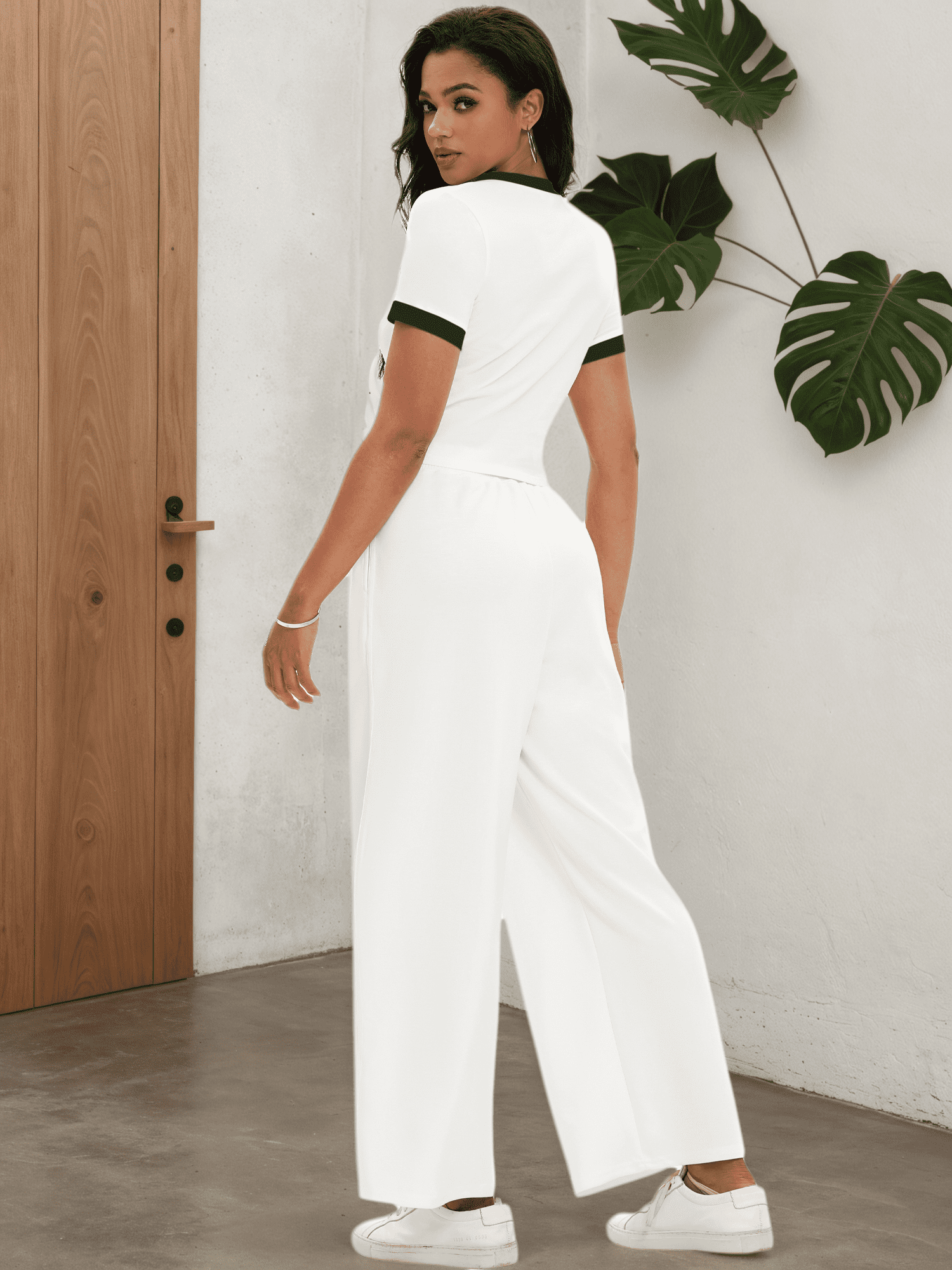 DARING DIVA Women 2 Pieces Set Crop Tops Wide Leg Pants Fall Outfits M White
